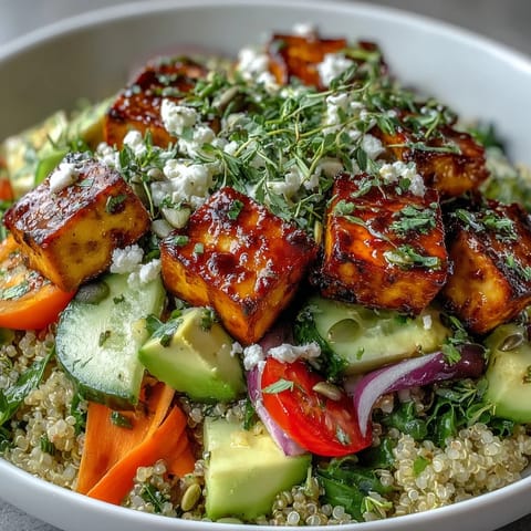 Colorful Simple Grain Bowl with quinoa, chickpeas, avocado, tomatoes, and pumpkin seeds, drizzled with lemon vinaigrette for a healthy, meal-prep-friendly lunch.