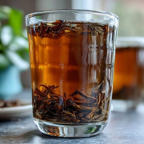 Steaming Hojicha Americano in a clear glass mug on a rustic wooden table.