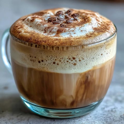 Hojicha Macchiato in a small espresso cup, topped with a creamy dot of steamed milk foam.
