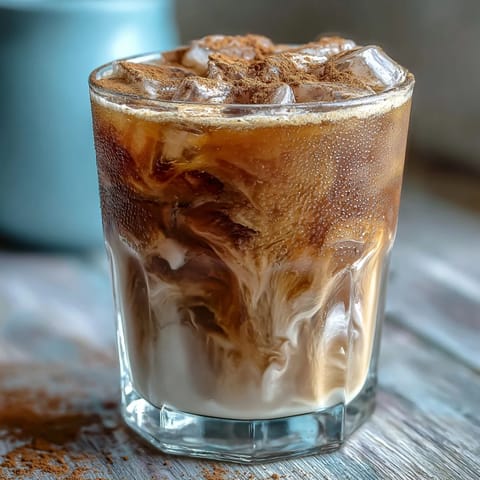 Two glasses of Iced Hojicha with Cinnamon garnished with cinnamon sticks and a creamy swirl of milk. 