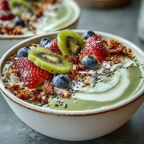 Creamy hojicha smoothie bowl with fresh berries, kiwi, and crunchy granola, served in a ceramic bowl as a nourishing breakfast.