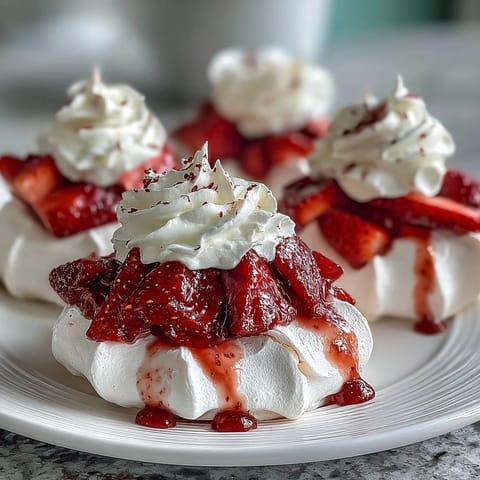 Golden-brown meringue nests filled with airy whipped cream and juicy strawberries, perfect for elegant spring entertaining.