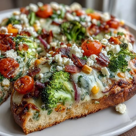 Vibrant St. Patrick's Day rainbow veggie flatbread pizza with colorful fresh vegetables arranged in a festive pattern.