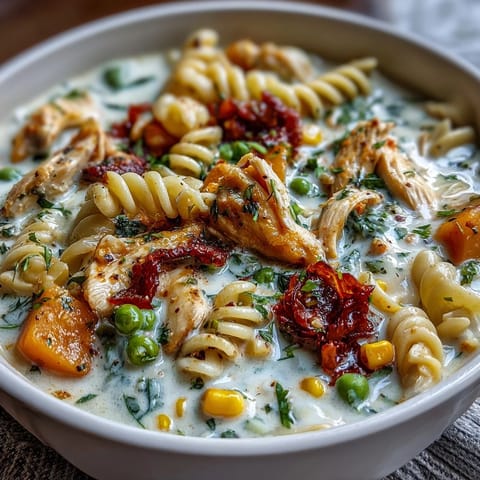 Slow Cooker Chicken Pot Pie Soup in a creamy, hearty broth with tender chicken, potatoes, and vegetables.