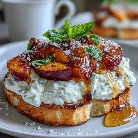 Golden honey peach burrata toast with creamy cheese, fresh peaches, and a drizzle of honey for a perfect spring brunch.