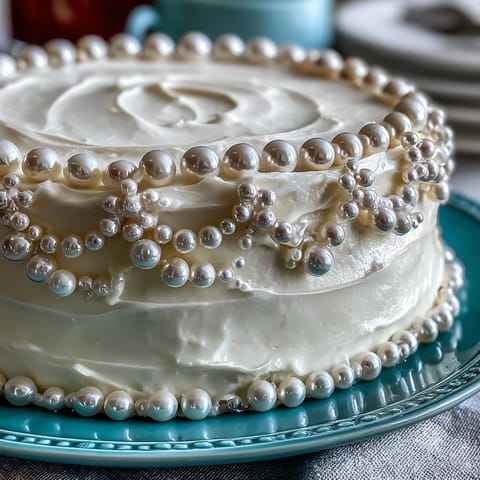 Elegant white sheet cake adorned with shimmering pearl fondant, ideal centerpiece for a First Communion party or religious event.