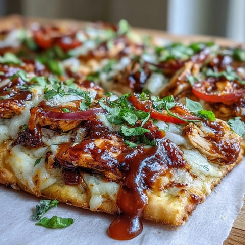 Golden flatbread topped with BBQ chicken, bell peppers, and fresh herbs, served hot for an easy family dinner.  