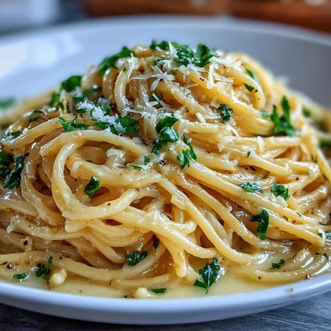 Creamy lemon butter pasta with silky sauce and Parmesan, served in a white bowl with fresh parsley.