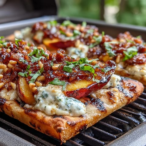 Grilled flatbread with BBQ sauce, ripe peaches, and melted Brie, topped with fresh basil for a summer appetizer.