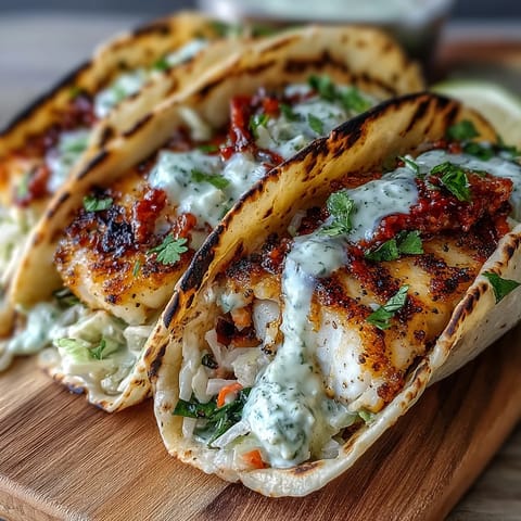 Zesty coconut lime grilled fish tacos with tender marinated fillets, crunchy cabbage slaw, and tangy crema in warm tortillas.  