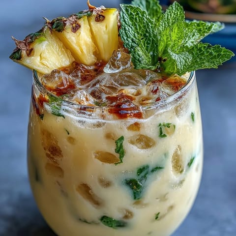 Pineapple Coconut Agua Fresca in a glass with ice, garnished with pineapple wedge and mint leaves.