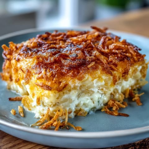Golden baked cheesy hash brown casserole with crispy cornflake topping and bubbling cheese.