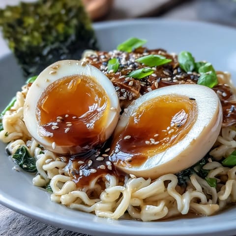 Steaming bowl of Homemade Miso Ramen, garnished with fresh green onions and mushrooms.