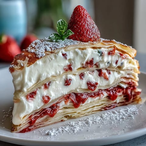 Elegant Mother's Day crepe cake with delicate layers of crepes and creamy strawberry mascarpone filling.