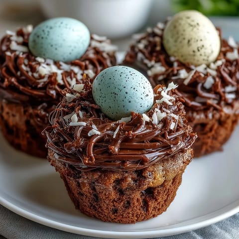 Delectable Easter Nest Cupcakes topped with sweet buttercream and colorful candy eggs.