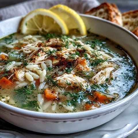 Comforting Greek lemon chicken soup with tender orzo and vibrant citrus notes.