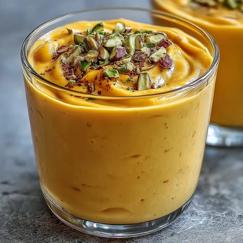 Creamy mango lassi smoothie with cardamom, perfect for a refreshing Indian-inspired treat.