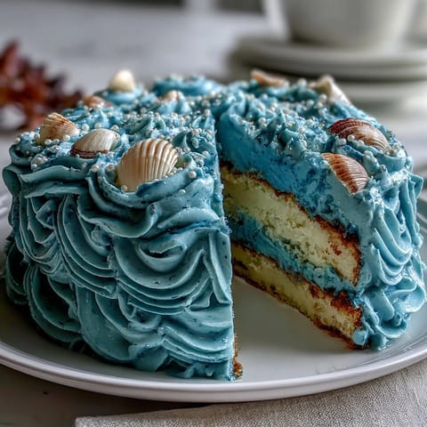 Beautifully decorated Cancer Zodiac Cake, showcasing vibrant blue frosting topped with shells.