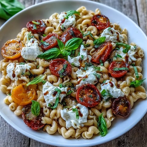Creamy burrata melts over summer Caprese pasta with fresh basil and tomatoes.