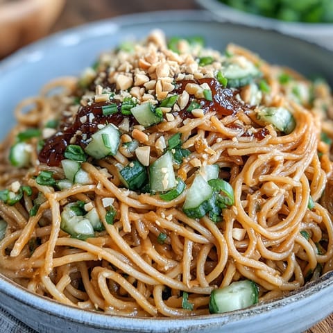 Savory Cold Peanut Sesame Noodles glistening in rich sauce, ready to be devoured.