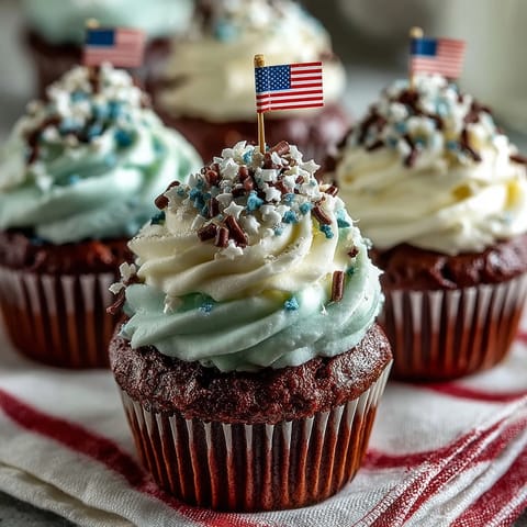 Close-up of Star-Spangled Banner Cupcakes, showcasing vibrant red, white, and blue frosted swirls.