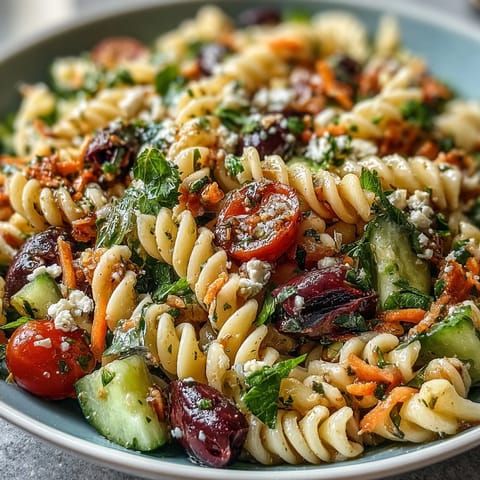 Vibrant Memorial Day Pasta Salad with crisp vegetables and zesty dressing, ready to serve.