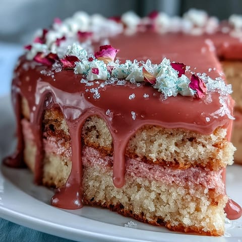 Decadent pink velvet cake infused with rosé wine, showcasing a beautiful gold drip on top.