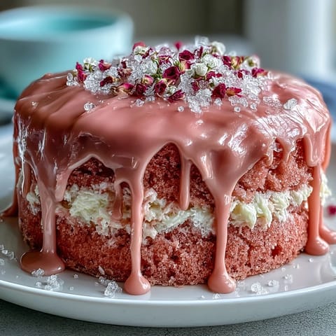 A pink rosé velvet cake, perfect for celebrations with a sweet gold finish.