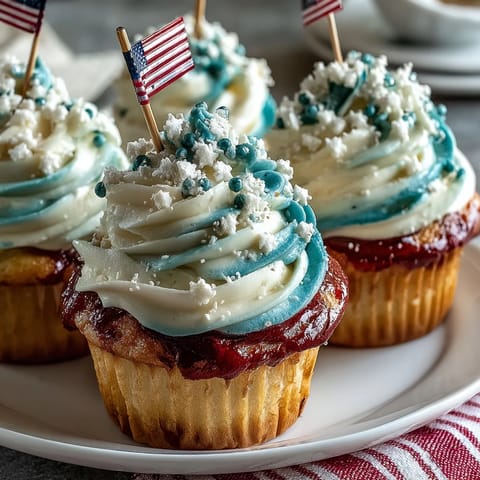 Festive Star-Spangled Banner Cupcakes topped with edible flags, perfect for July 4th.