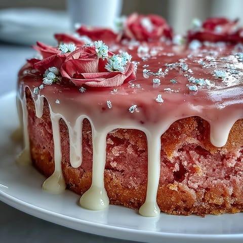 Elegant Bridal Shower Rosé Velvet Cake with shimmering gold drips.