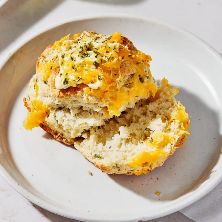 Warm golden cheddar and chive scones, showcasing melted cheese and fresh green chives inside.