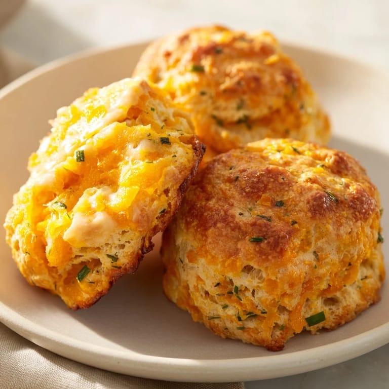Savory brunch calls for golden cheddar and chive scones, ready for butter—a perfect treat.