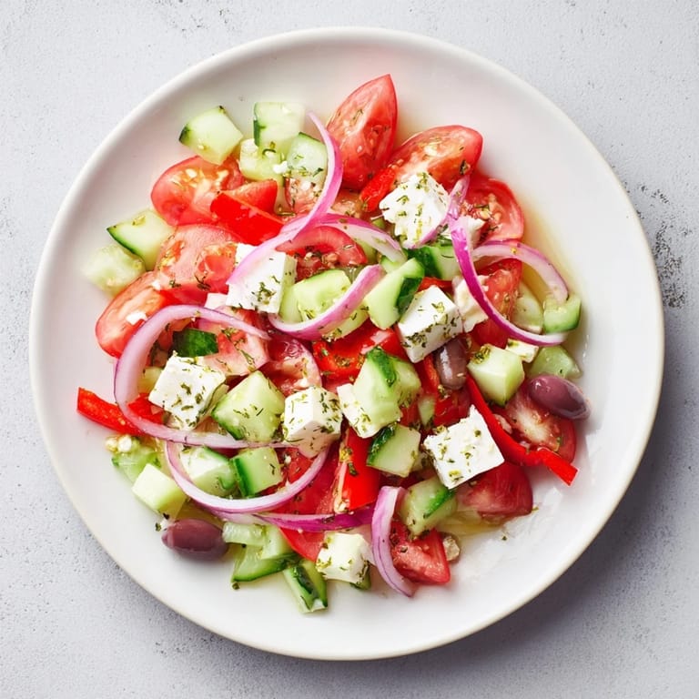 Close-up of a refreshing Fresh Mediterranean Salad, piled high with fresh, colorful ingredients.