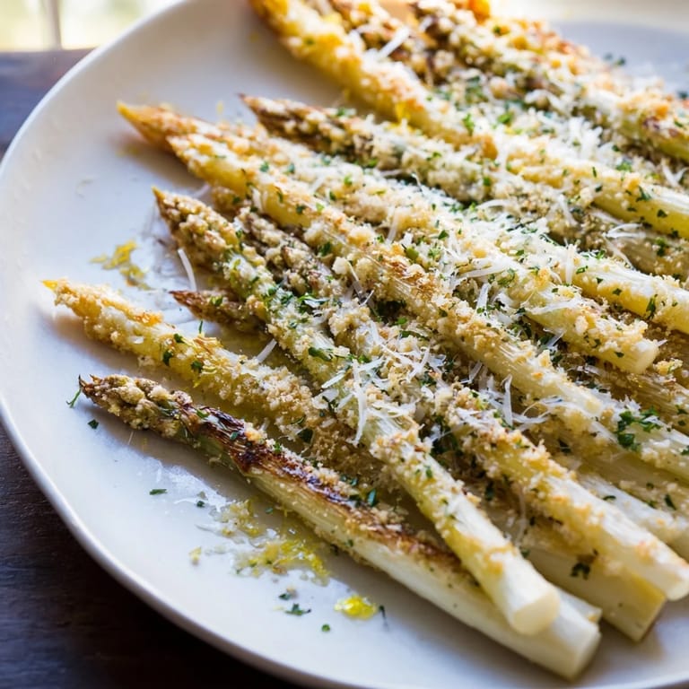 Beautifully plated roasted asparagus, enhanced with fresh lemon zest and Parmesan cheese, perfect.
