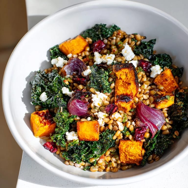 Imagine a delicious Harvest Grain Bowl with Roasted Pumpkin and Kale; colorful ingredients, ready to eat in a big bowl.