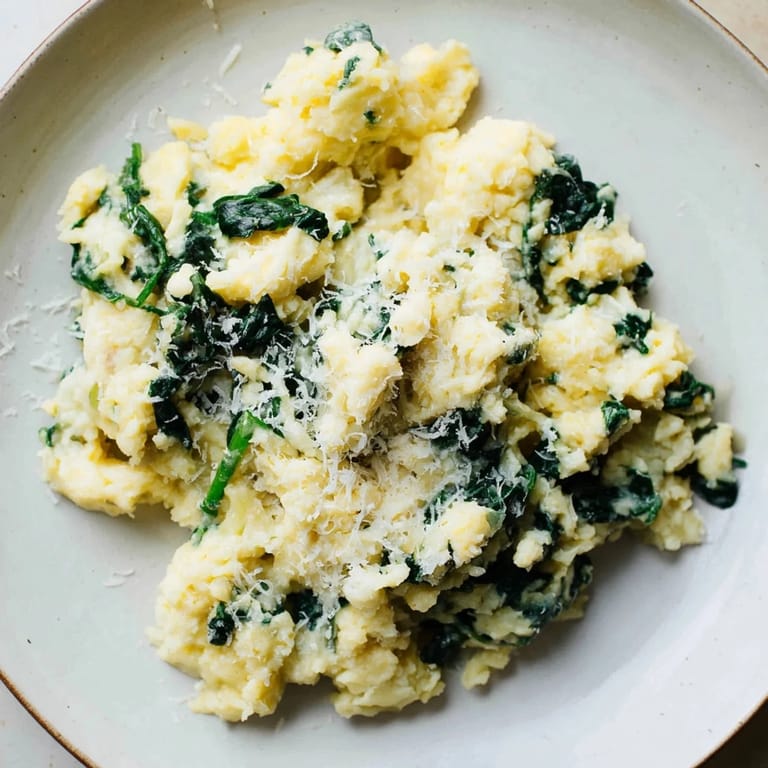 A bowl of creamy spinach and Parmesan mashed potatoes offers a savory, herby aroma, perfect for dinner.