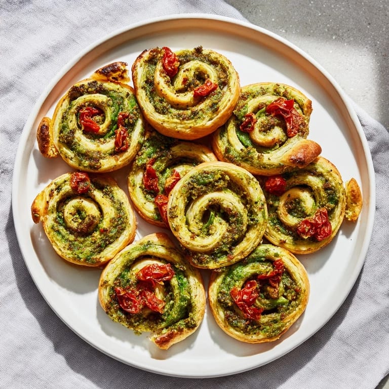 Delectable, spiral-shaped Savory Sun-Dried Tomato and Pesto Palmiers, ready to be enjoyed as a party snack.