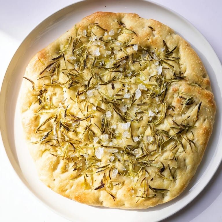 Warm, fragrant, simple homemade focaccia with dimpled surface, ready to be sliced and enjoyed.