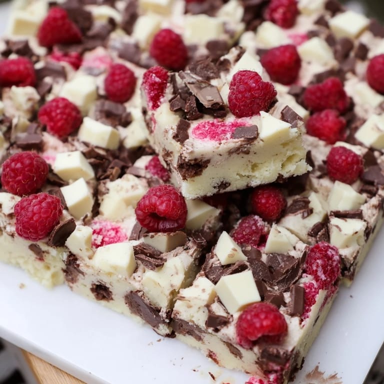 Warm, soft blondies with white chocolate and raspberries look delicious, ready to serve as a dessert.