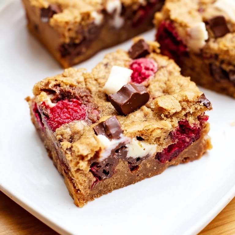 Close-up of freshly baked decadent white chocolate and raspberry blondies, offering a sweet treat.