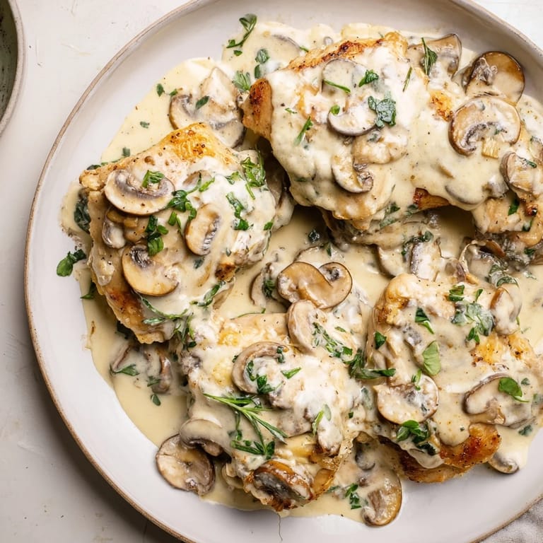 Juicy Skillet-Seared Chicken Breast glistening, smothered in a decadent mushroom cream sauce, perfect!