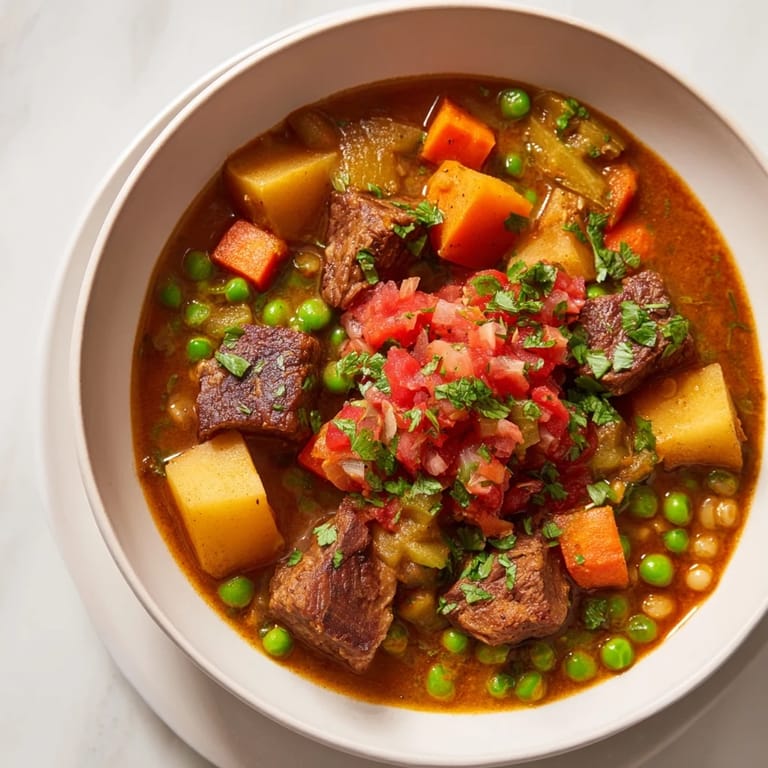 Close-up of a rich, flavorful one-pot hearty beef and barley soup, perfect for a cozy dinner.