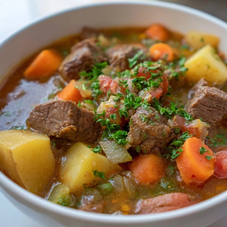 Warm, inviting image of one-pot hearty beef and barley soup, ready to be served and enjoyed.