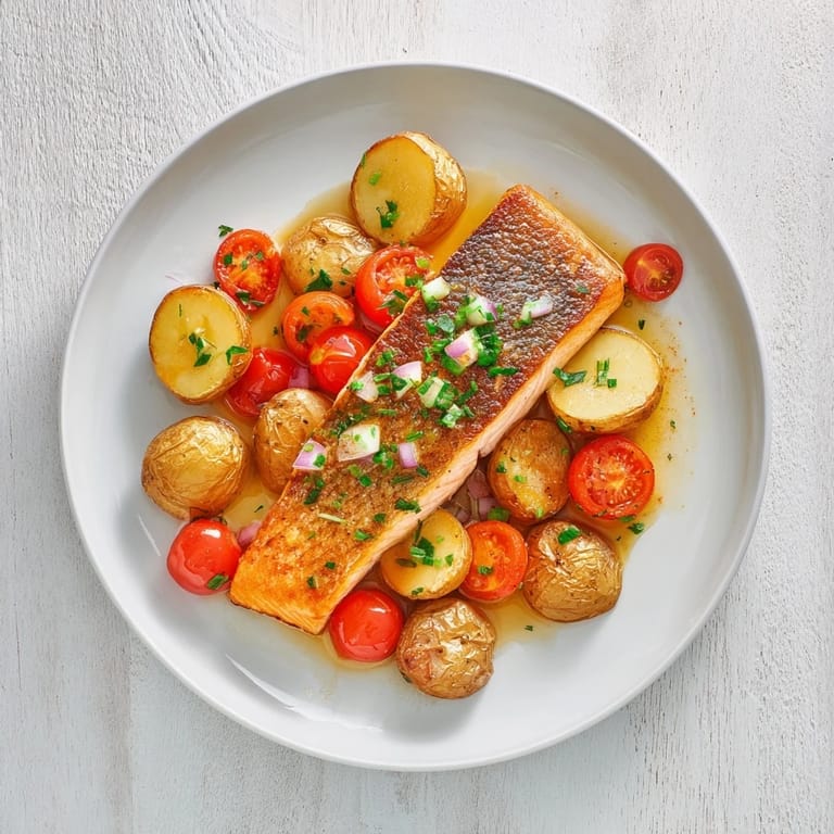 Golden one-tray baked trout glistening with olive oil and spices, ideal with a Sauvignon Blanc.