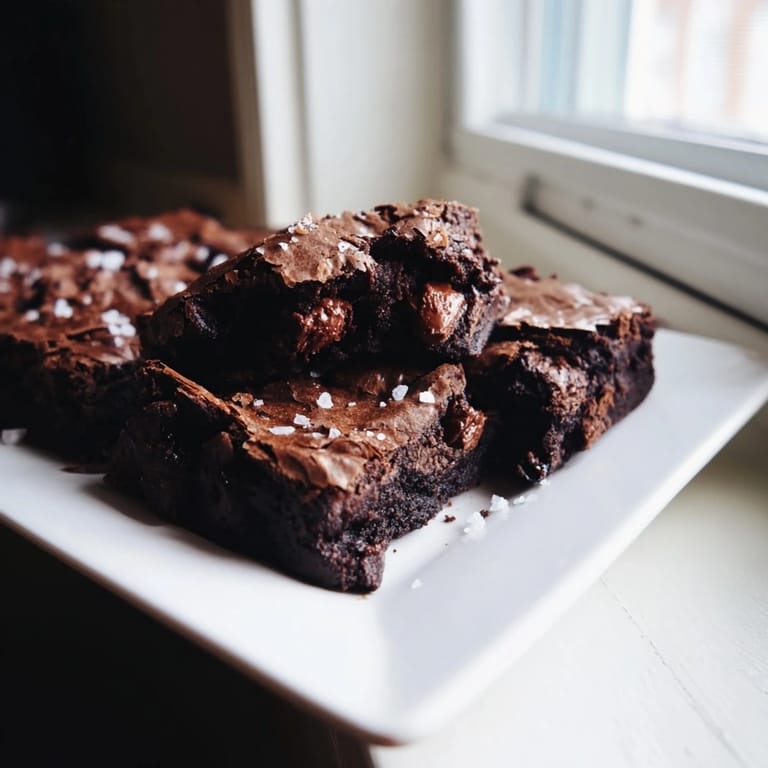 A close-up of freshly baked Homemade Dark Chocolate and Sea Salt Brownies, showing the contrasting textures of this dessert.