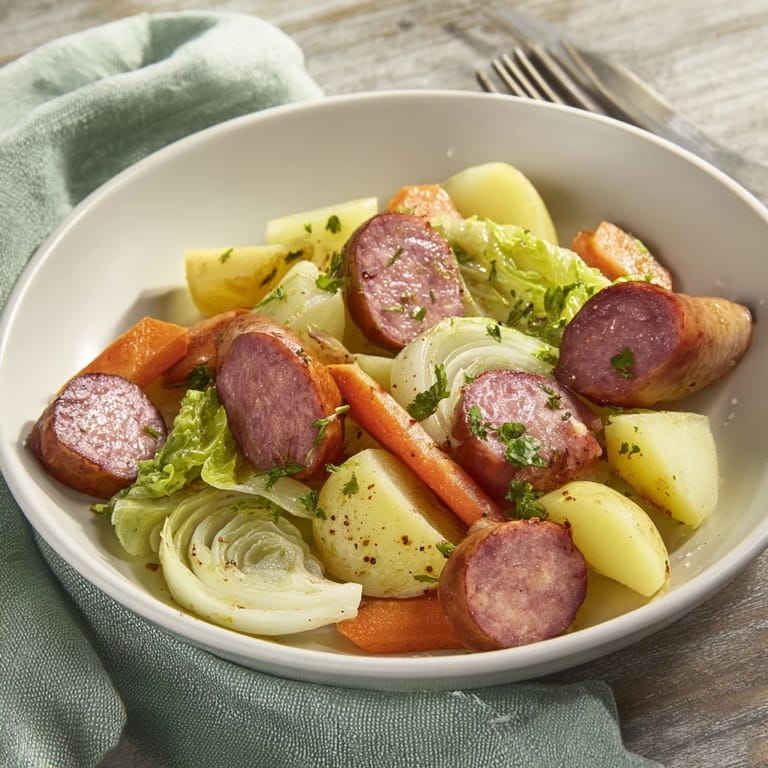 Hearty All-in-One Pan Sausage and Cabbage Bake, perfect for a cozy weeknight dinner and easy cleanup.