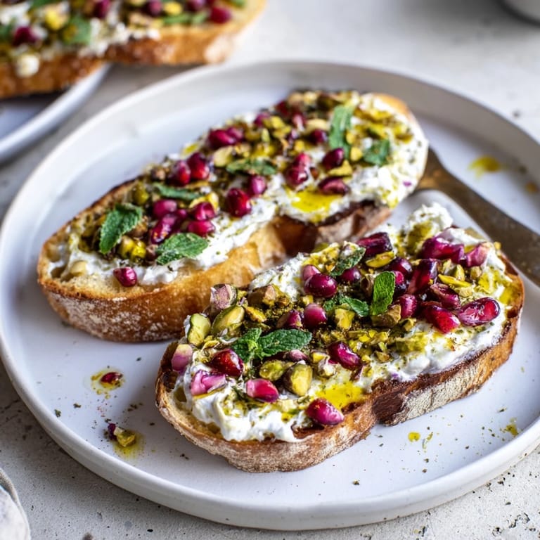 Festive Pomegranate and Goat Cheese Crostini, ready to eat, with a generous goat cheese layer and fresh mint garnish.