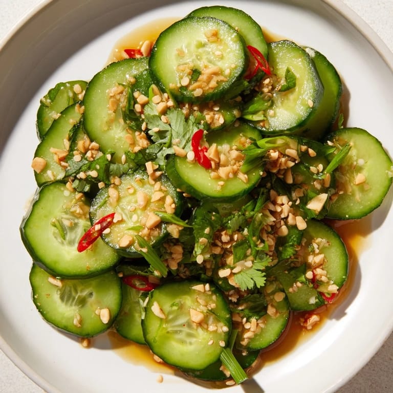 Close-up of the flavorful tangy shaken Asian-style cucumber salad, showcasing crisp cucumbers and dressing glistening.