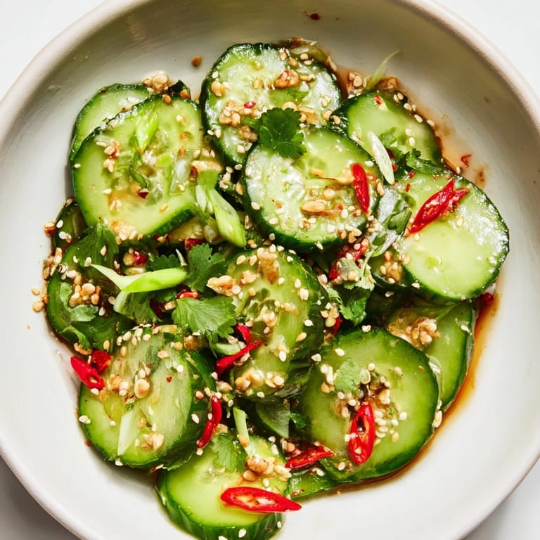 A healthy serving of fresh, tangy shaken Asian-style cucumber salad, perfect as a side dish, ready to eat.