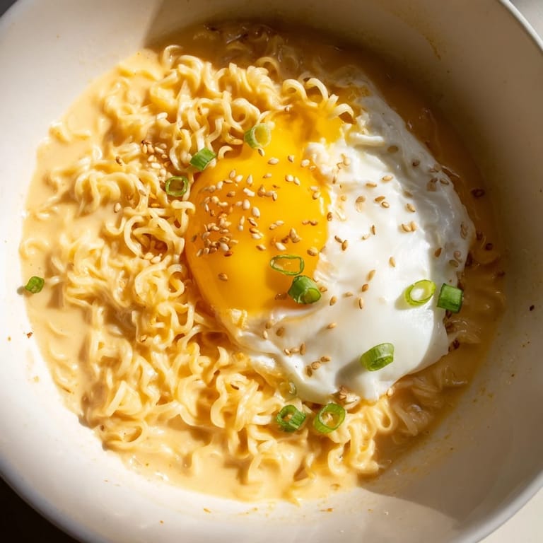 A steaming bowl of Instant Cheese Ramen, with melted cheese and a swirl of creamy broth and egg.